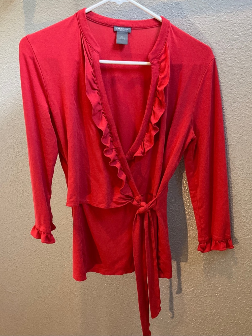 Ann Tailor petites Ruffle-Trim Wrap 3/4 sleeve blouse